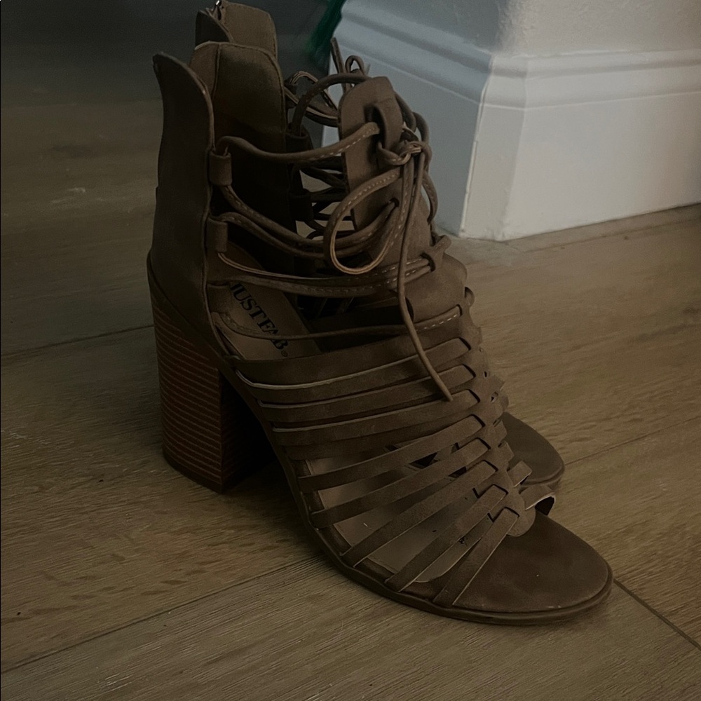 JustFab Taupe Lace-Up Strappy Block Heel Sandal